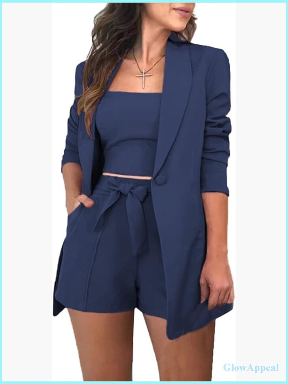 3 Piece Blazer Set with Crop Top and Shorts Office Suit